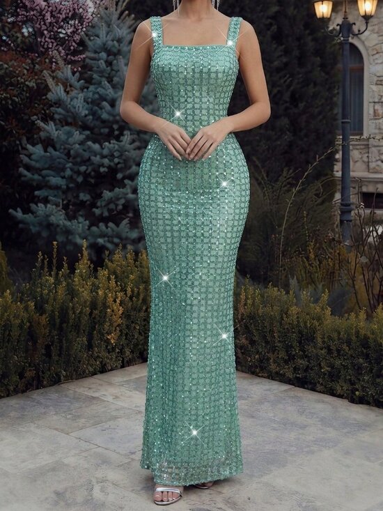 Dresses & Skirts - Mint Green Elegant Women's Sequin Straps Slim Fit Long Gown
